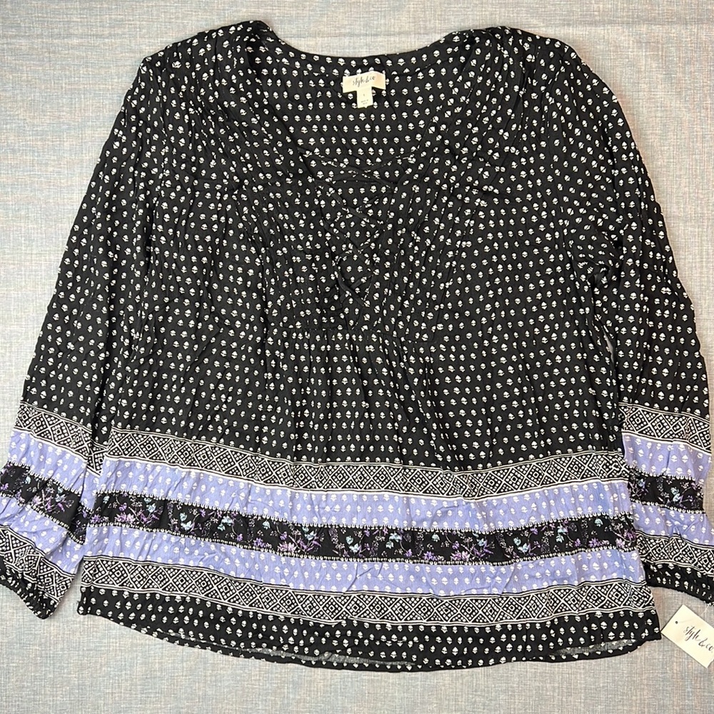 Style & Co Black & Purple Printed LaceUp V-Neck Peasant Top Size Large - Picture 2 of 5